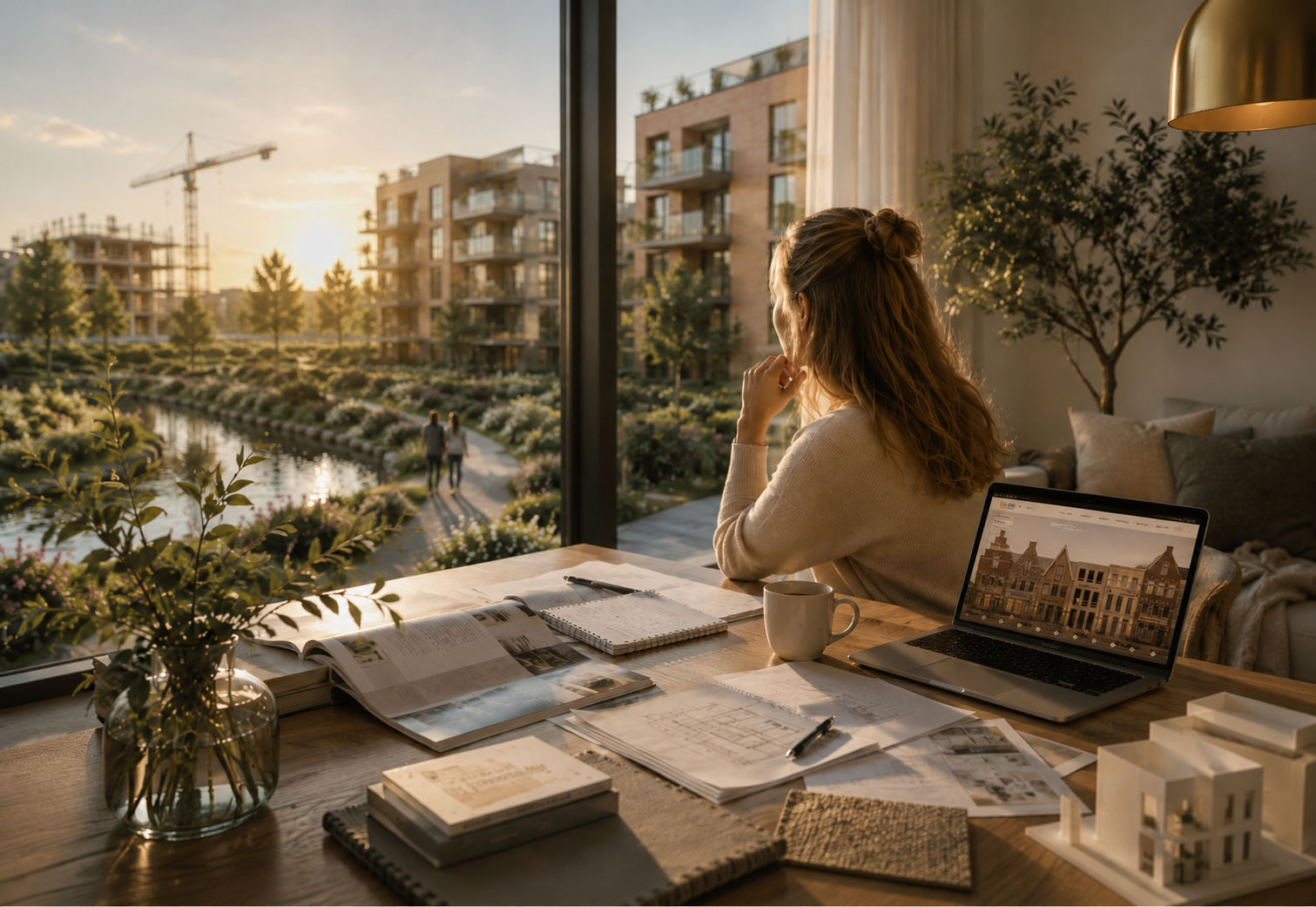 Vrouw aan haar bureau kijkt uit over een nieuwbouwwijk met water en een bouwkraan